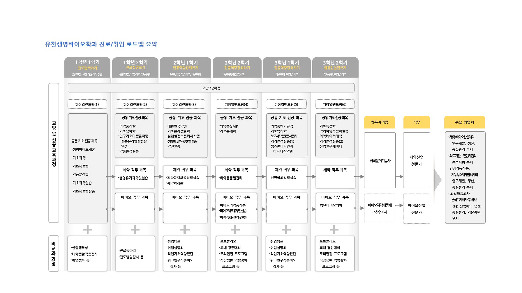 학년(1-2학년)/역량목표/전공교과(진로.취업교과,전공기초 공통교과,인재양성 유형별교과,현장실습)/비교과활동(학과프로그램,교내프로램,교내외 활동,전공관련 자격증,연계 자격증)정보를 제공해주는 진로/취업 로드맵